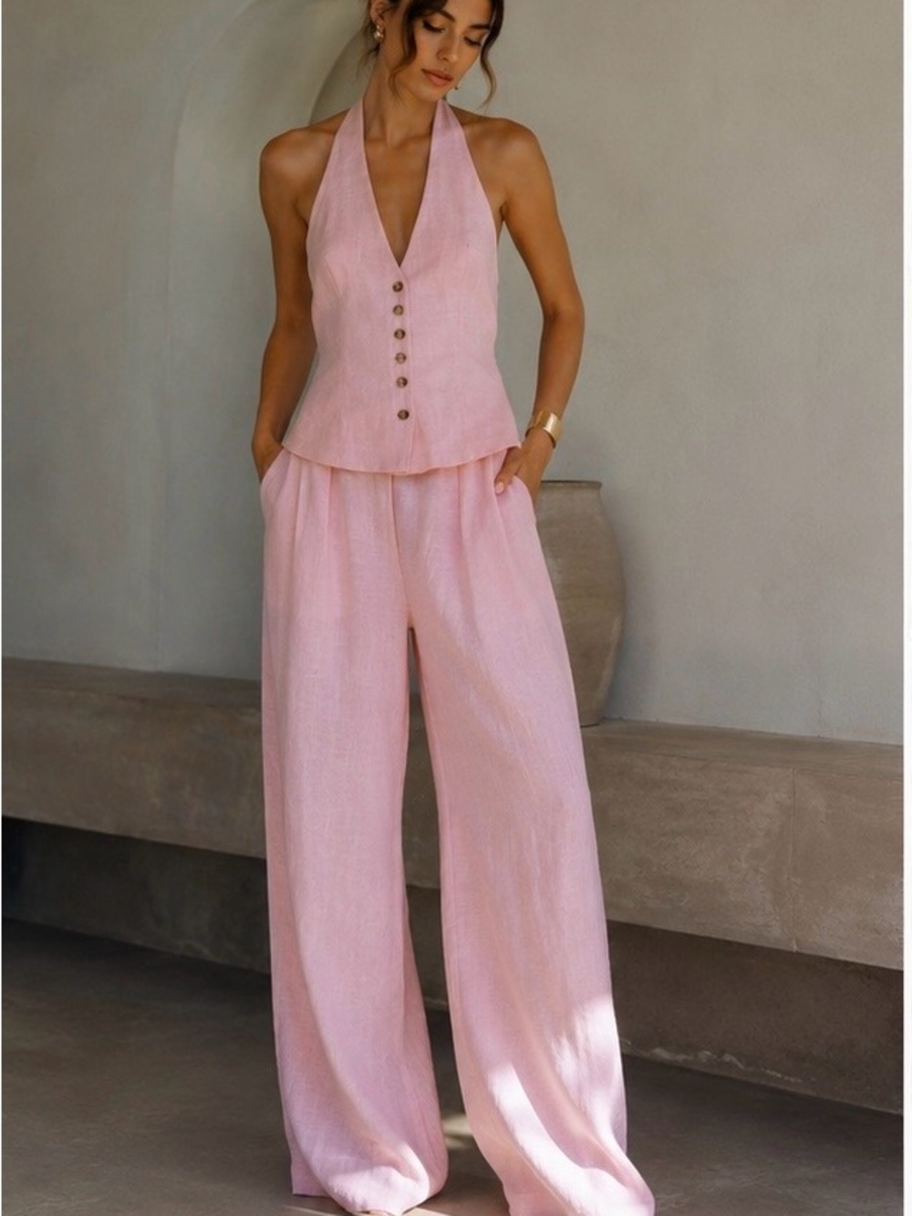 NWT Pink Linen Matching Set Button Vest & Wide Leg Pants Size L